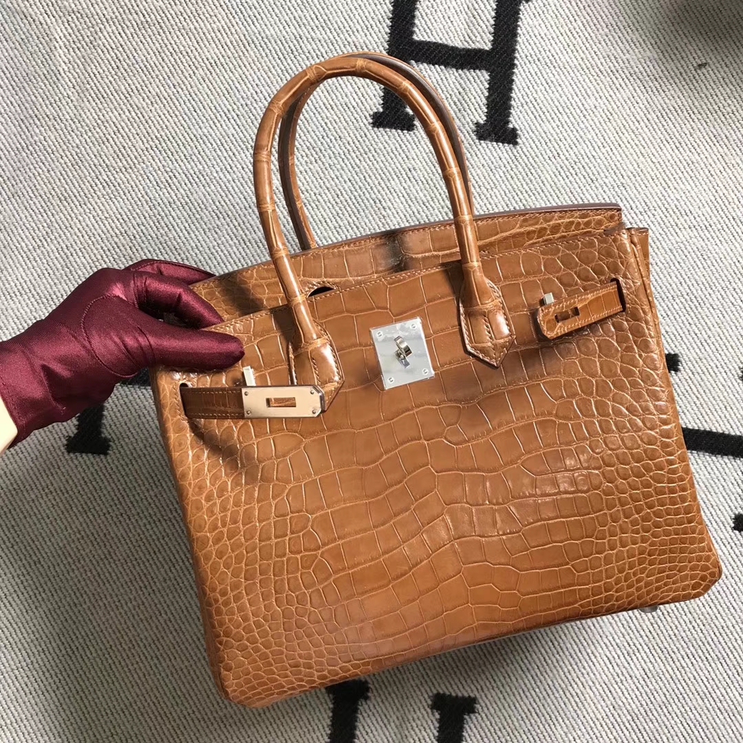 hermès(爱马仕)birkin 铂金包 咖啡色 鳄鱼皮 银扣 纯手工 30cm