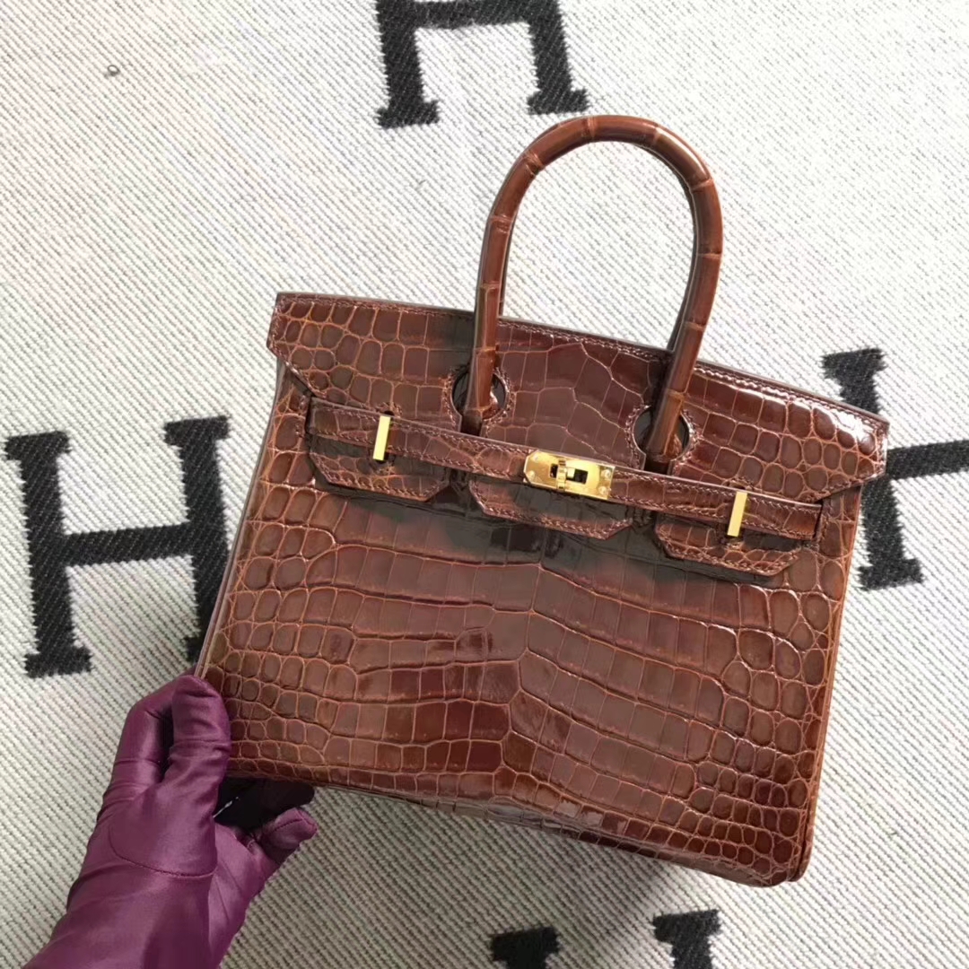 hermès(爱马仕)亮面鳄鱼birkin 25 咖啡色 银扣 超美