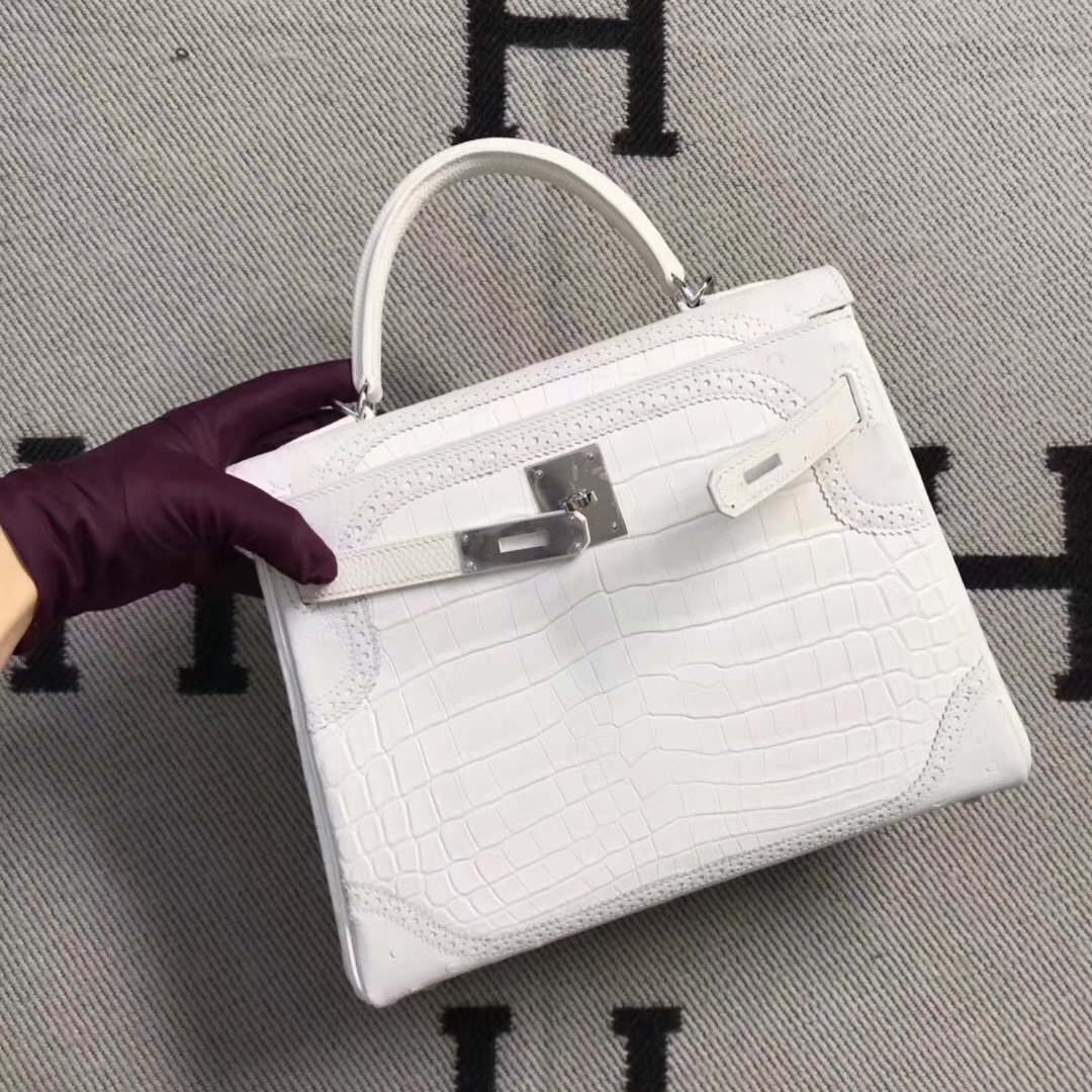 hermès(爱马仕)蕾丝款 kelly 28cm 白色鳄鱼蜥蜴&鸵鸟三拼色 超级