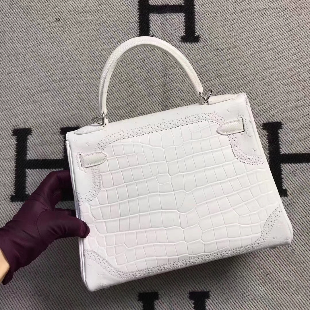 hermès(爱马仕)蕾丝款 kelly 28cm 白色鳄鱼蜥蜴&鸵鸟三拼色 超级