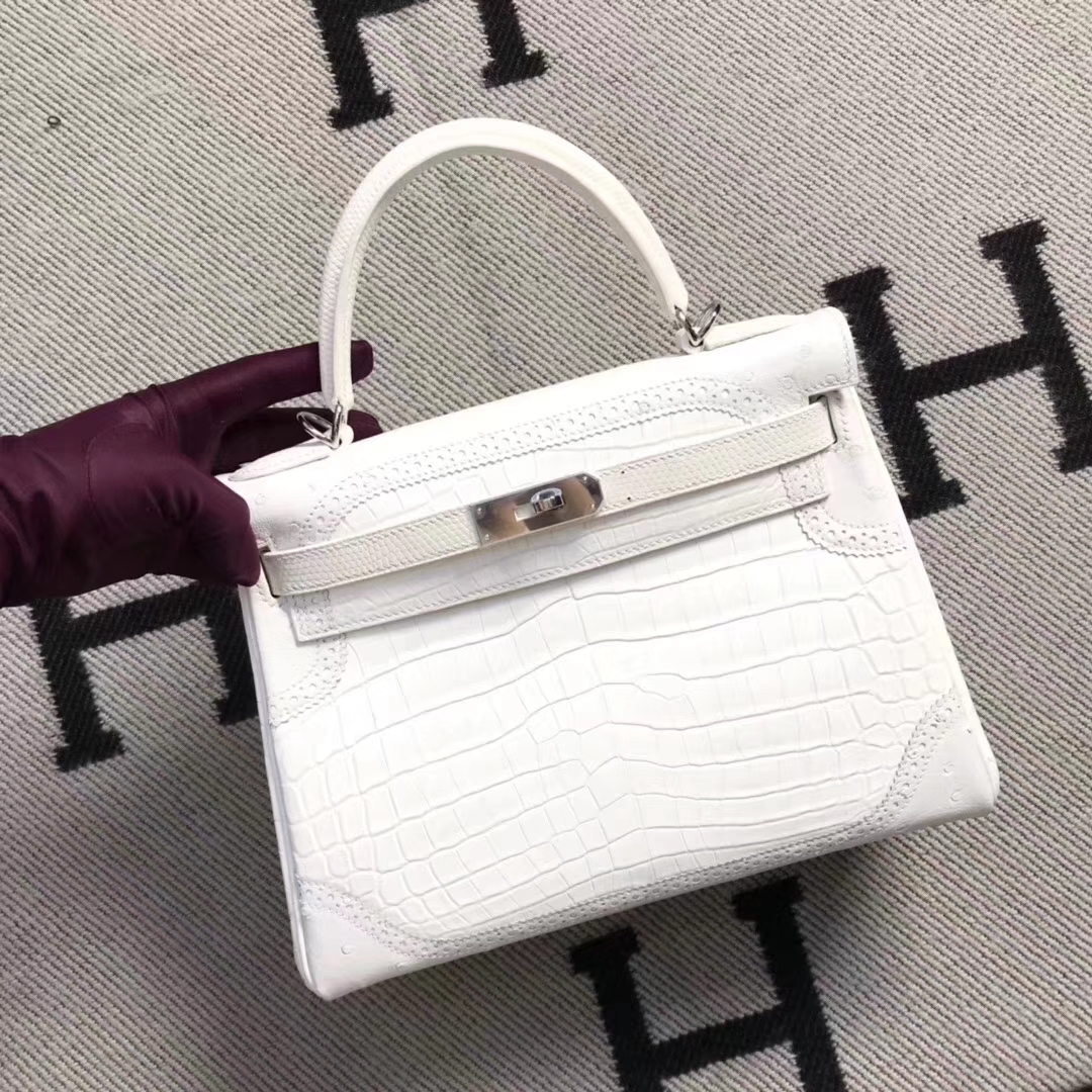 hermès(爱马仕)蕾丝款 kelly 28cm 白色鳄鱼蜥蜴&鸵鸟三拼色 超级