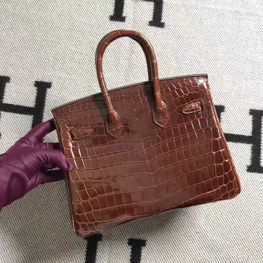 hermès(爱马仕)亮面鳄鱼birkin 25 咖啡色 银扣 超美