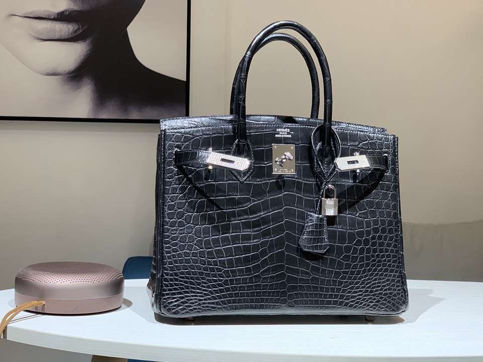 hermès(爱马仕)birkin 铂金包 鳄鱼皮 纯手工蜡线 黑色 银扣 全套