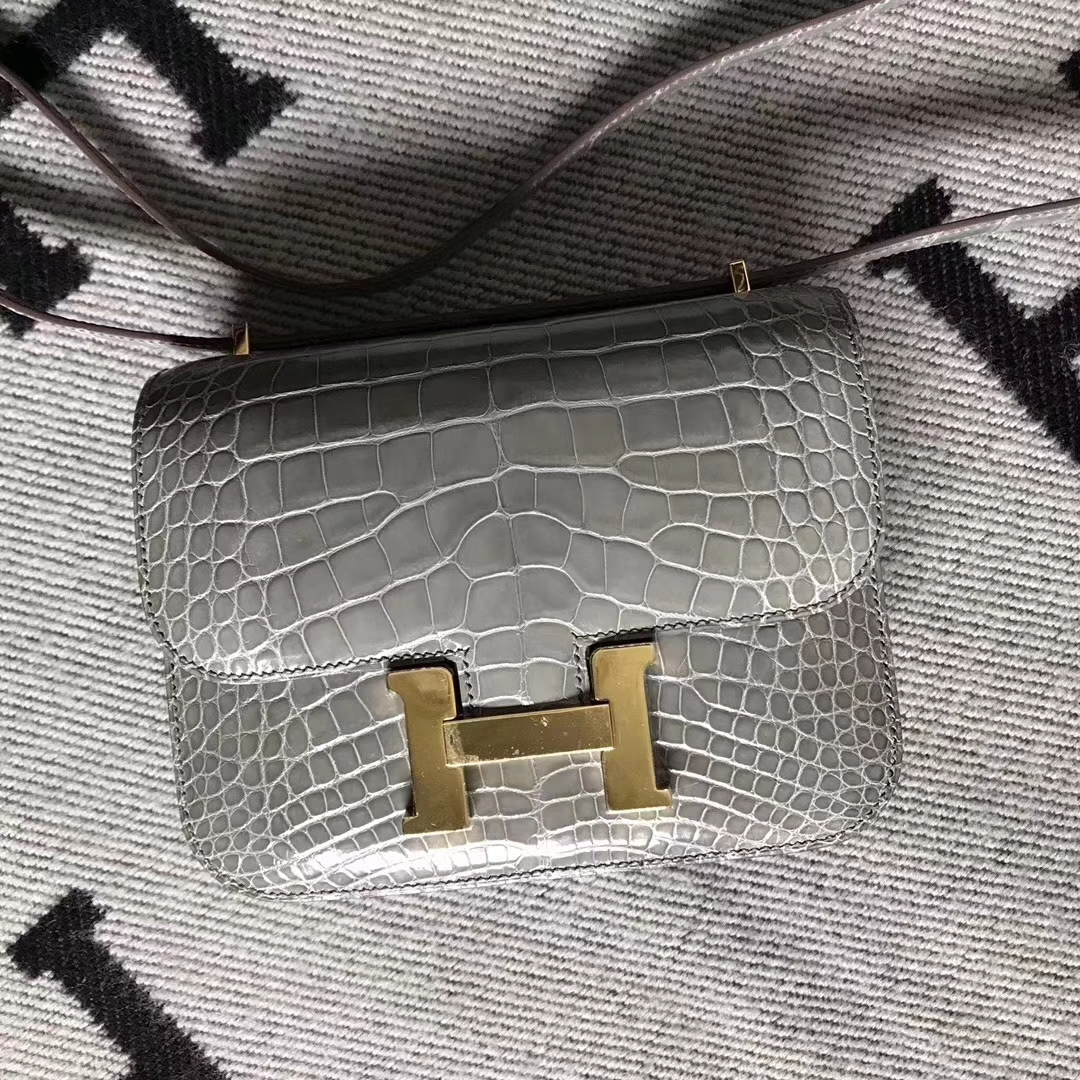 hermès(爱马仕)空姐包 斑鸠灰 美洲鳄 金扣 现货 19cm