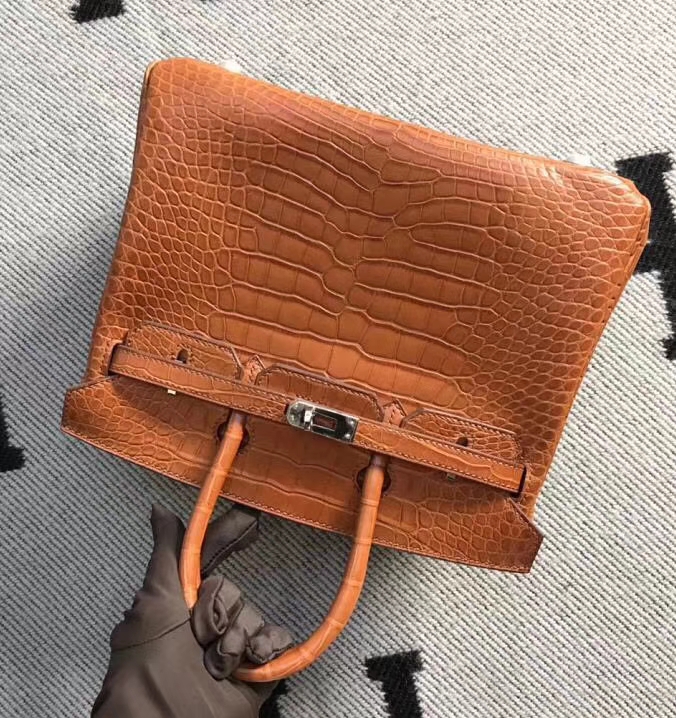 hermès(爱马仕)birkin铂金包 雾面美洲鳄鱼皮 土黄色 银扣 25cm