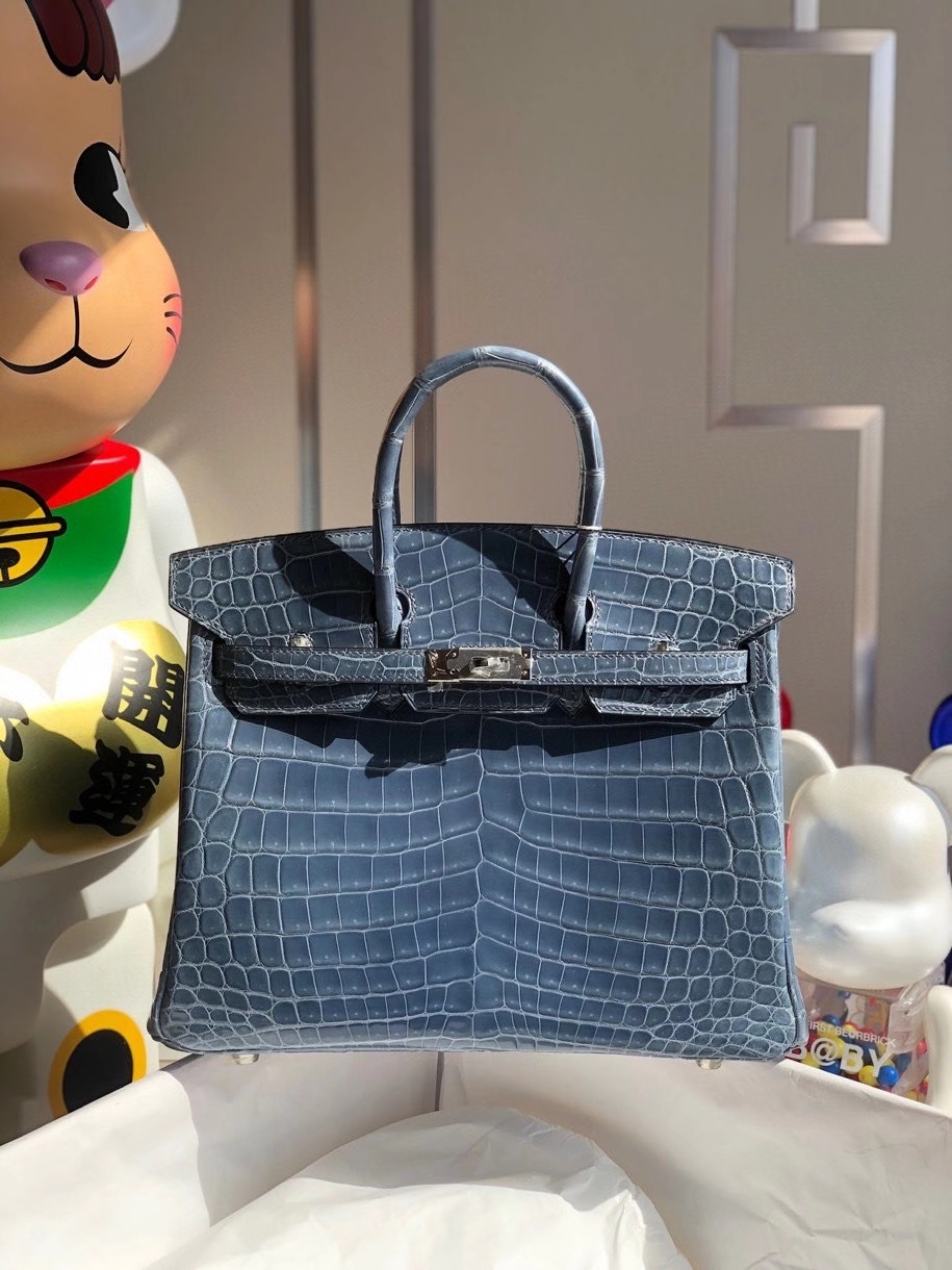 hermès爱马仕birkin25cmcrocodileshiny亮面鳄鱼n7风暴蓝银扣顶级手